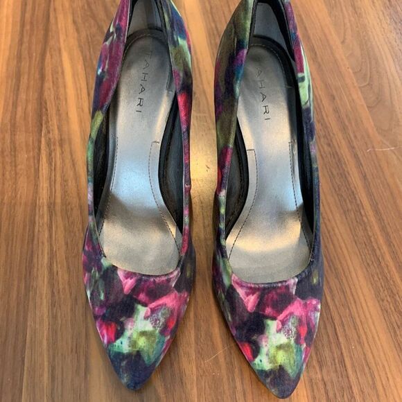 ShoesTahari stacked heel pump, EUC, sz 7 1/2, fabric upper, fuchsia, navy, sage - Picture 3 of 16